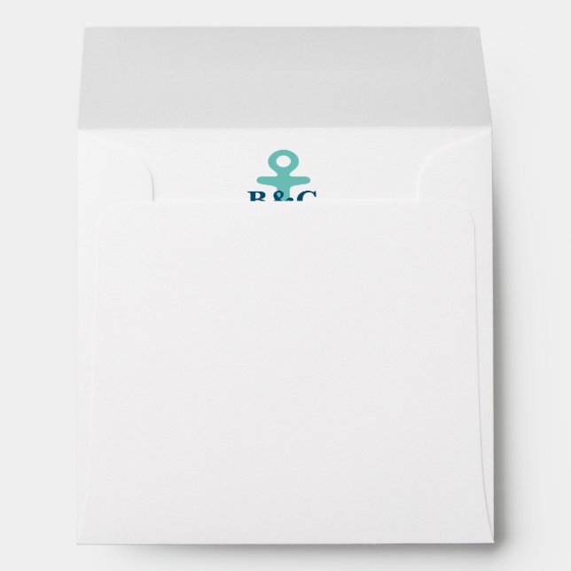 Chic teal blue nautical anchor square wedding envelope (Back (Bottom))