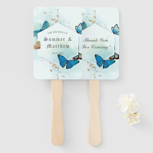 Chic Teal Blue Painted Butterfly Wedding Thank You Hand Fan (Front and Back)