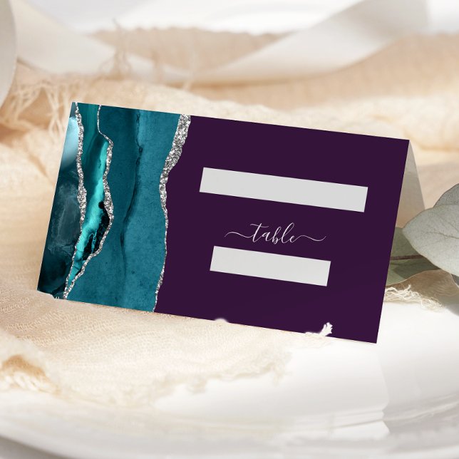 Chic Teal Blue Silver Agate Purple Wedding Place Card (Creator Uploaded)