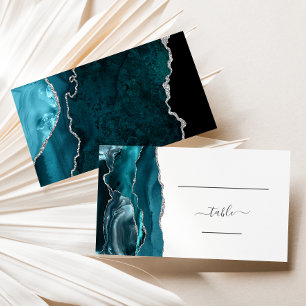 Chic Teal Blue Silver Agate Wedding Escort Place Card