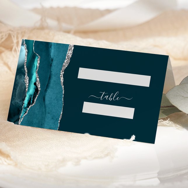Chic Teal Blue Silver Agate Wedding Place Card (Creator Uploaded)