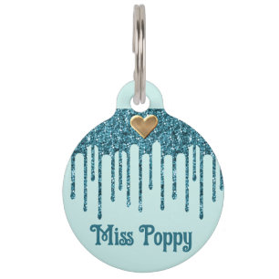 Chic Teal Blue Sparkling Glitter and Gold Heart Pet Tag