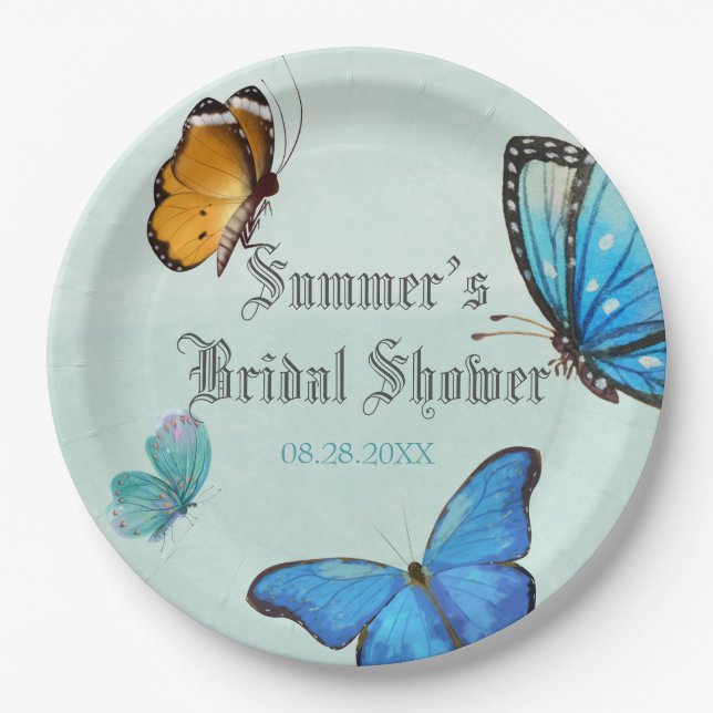 Chic Teal Blue Watercolor Butterfly Wedding Paper Plate (Front)