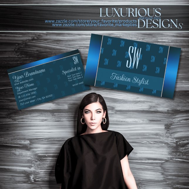 Chic Teal Blue with Initials Pattern Professional Business Card (Creator Uploaded)