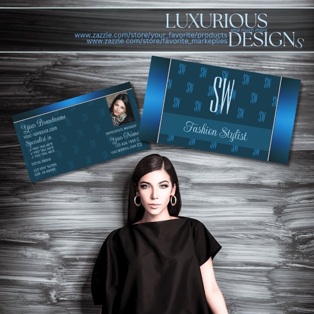 Chic Teal Blue with Photo and Monogram Pattern Business Card (Creator Uploaded)