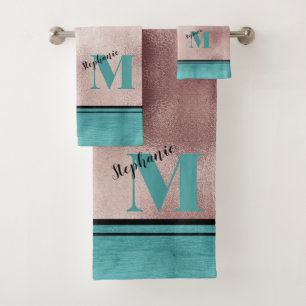 Chic Teal Brushed Metal Monogrammed Elegant Bath T Towel Set