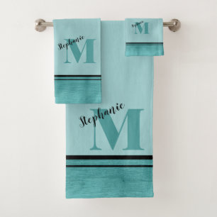 Chic Teal Brushed Metal Monogrammed Elegant Bath Towel Set