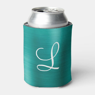 Chic Teal Brushed Metal White Monogram Can Cooler