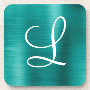 Chic Teal Brushed Metal White Monogram Coaster