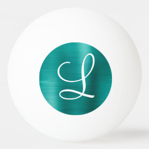 Chic Teal Brushed Metal White Monogram Ping Pong Ball
