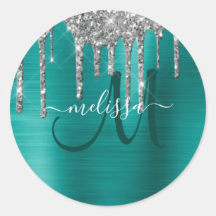 Chic Teal Brushed Metallic Silver Glitter Drips Classic Round Sticker