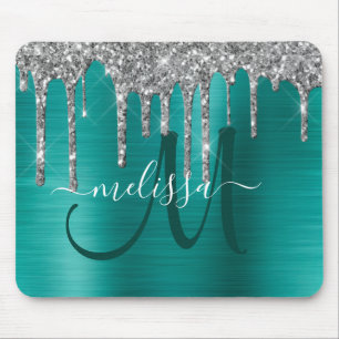 Chic Teal Brushed Metallic Silver Glitter Drips Mouse Pad