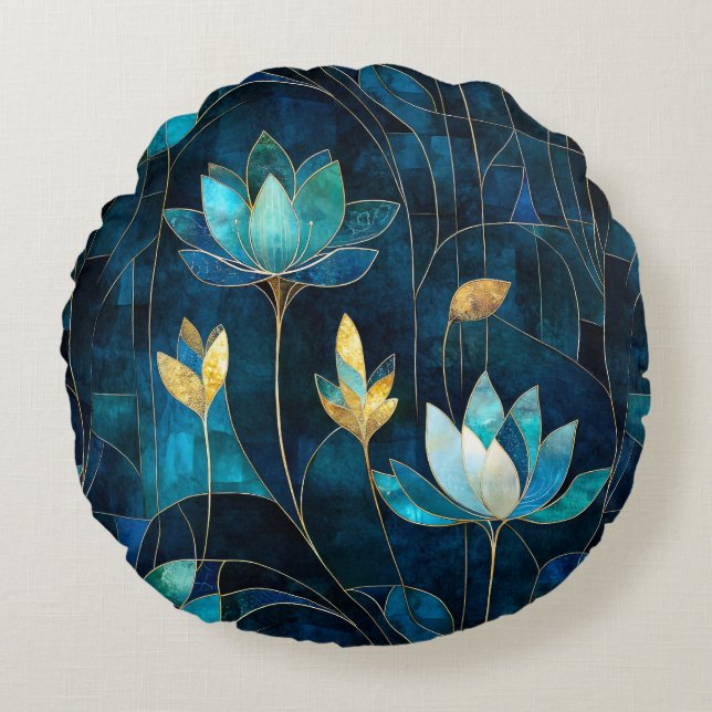 Chic teal chrysanthemum  round cushion (Front)