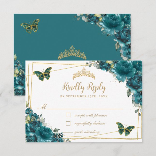 Chic Teal Cyan Floral Gold Butterflies Quinceañera RSVP Card (Front/Back)