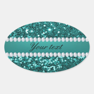 Chic Teal Faux Glitter and Diamonds Oval Sticker