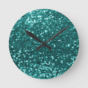 Chic Teal Faux Glitter Round Clock