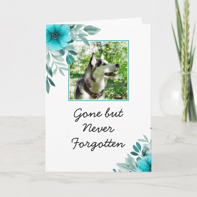 Chic Teal Flowers Pet Photo Sympathy Card (Front)