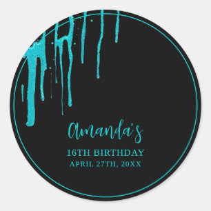 Chic Teal Glitter Drips Sweet 16 Birthday Classic Round Sticker