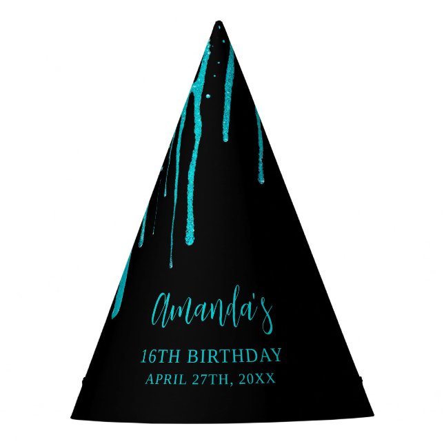 Chic Teal Glitter Drips Sweet 16 Birthday Party Hat (Front)