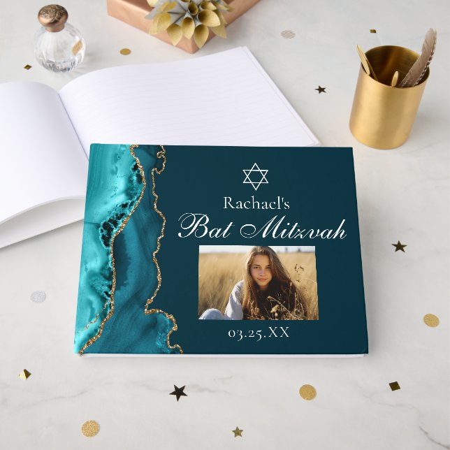 Chic Teal Gold Agate Bar Mitzvah Party Photo Guest Book (Front Open)