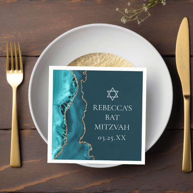 Chic Teal Gold Agate Bat Mitzvah Party Napkin (Creator Uploaded)