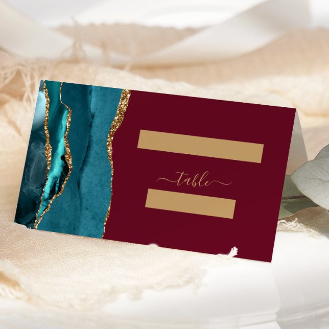 Chic Teal Gold Agate Burgundy Wedding Place Card (Creator Uploaded)