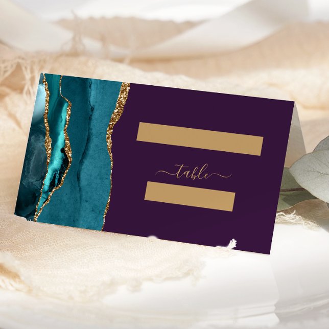 Chic Teal Gold Agate Purple Wedding Place Card (Creator Uploaded)