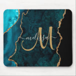 Chic Teal Gold Agate Script Custom Monogram Mouse Pad<br><div class="desc">Add a touch of glitter and glam to your home office or dorm with this elegant personalised mouse pad featuring teal agate accented with faux gold glitter. Personalise your monogram initial in hand lettered modern script with your name above. A unique girly gift for birthday, holidays and any special occasion....</div>