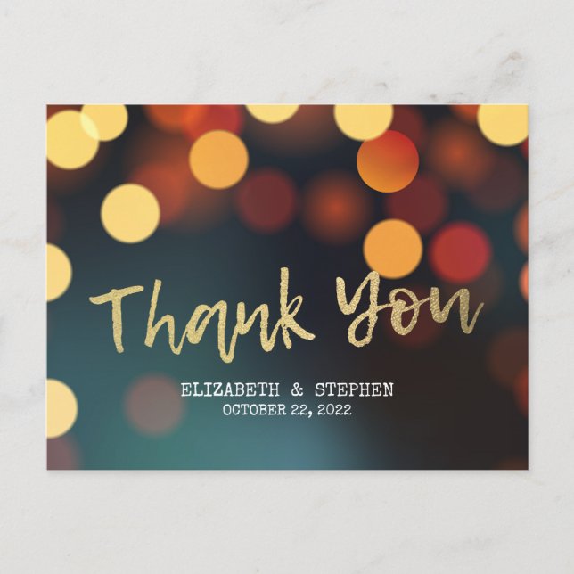 Chic Teal Gold Bokeh Lights Wedding Thank You Postcard (Front)