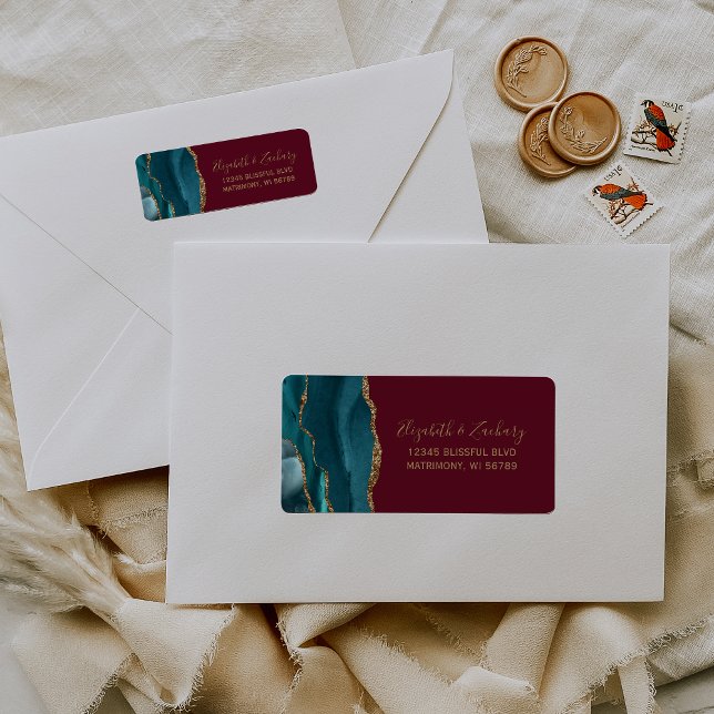 Chic Teal Gold Burgundy Wedding Return Address (Creator Uploaded)