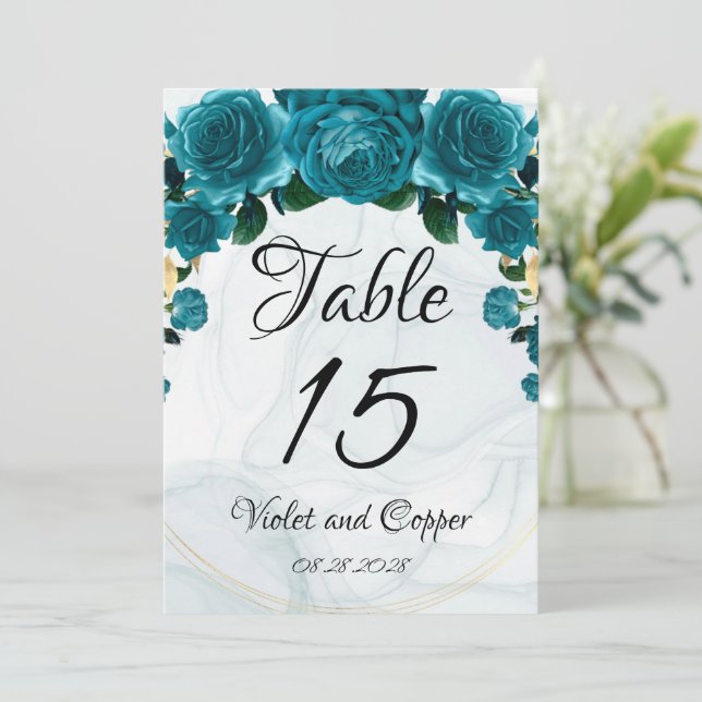 Chic Teal Gold Ethereal Wedding Table Numbers  (Standing Front)