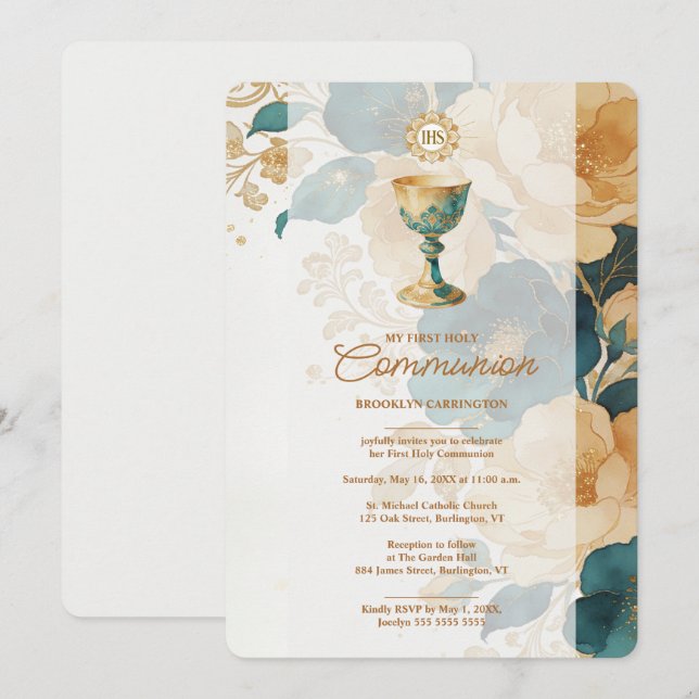 Chic Teal Gold First Holy Communion LPM26 Invitation (Front/Back)
