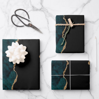 Chic Teal Gold Glitter Agate Abstract Wrapping Paper Sheet