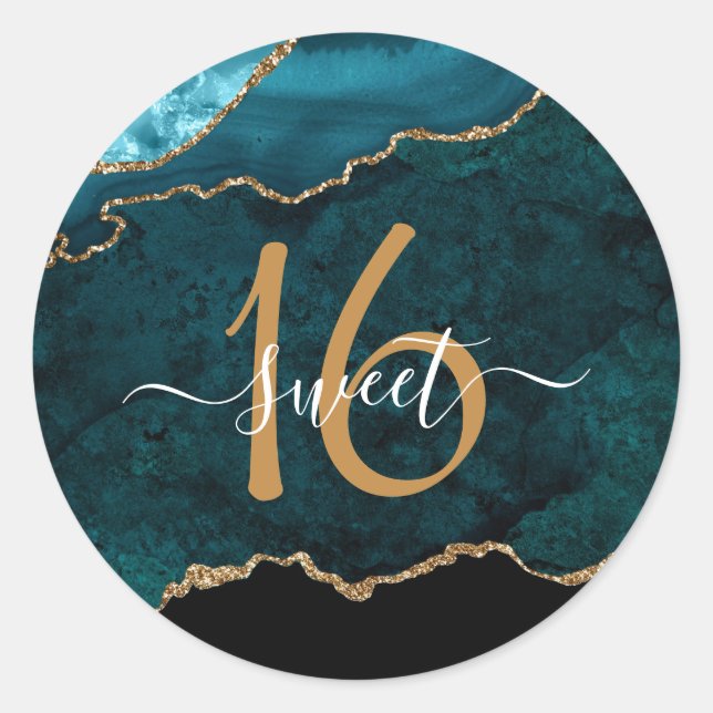 Chic Teal Gold Glitter Agate Custom Monogram Classic Round Sticker (Front)