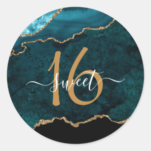Chic Teal Gold Glitter Agate Custom Monogram Classic Round Sticker