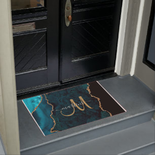 Chic Teal Gold Glitter Agate Custom Monogram Doormat