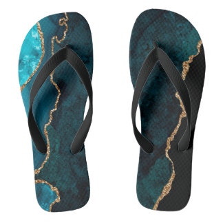 Chic Teal Gold Glitter Agate Custom Monogram Jandals