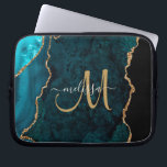 Chic Teal Gold Glitter Agate Custom Monogram Laptop Sleeve<br><div class="desc">Add a touch of glitter and glam to your laptop with this custom laptop sleeve featuring a teal agate background accented with faux gold glitter. Personalise your monogram initial in hand lettered script calligraphy with your name above. Designed just for you by Extreme Tees!</div>