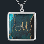 Chic Teal Gold Glitter Agate Custom Monogram Silver Plated Necklace<br><div class="desc">This elegant personalised neckalce features a teal agate background accented with faux gold glitter. Personalise your monogram initial in hand lettered script calligraphy with your name above. A unique girly gift for birthday,  holidays and any special occasion. Designed just for you by Extreme Tees!</div>