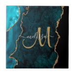 Chic Teal Gold Glitter Agate Custom Monogram Tile<br><div class="desc">This elegant personalised decorative tile features chic teal agate accented with faux gold glitter. Personalise your monogram initial in hand lettered script with your name above. A unique girly gift for birthday,  holidays and any special occasion. Designed just for you by Extreme Tees!</div>