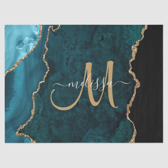Chic Teal Gold Glitter Agate Custom Monogram Tissue Paper (Front)