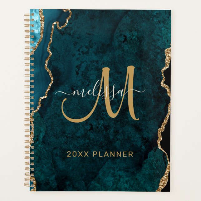 Chic Teal Gold Glitter Agate Monogram 2024 Planner (Front)