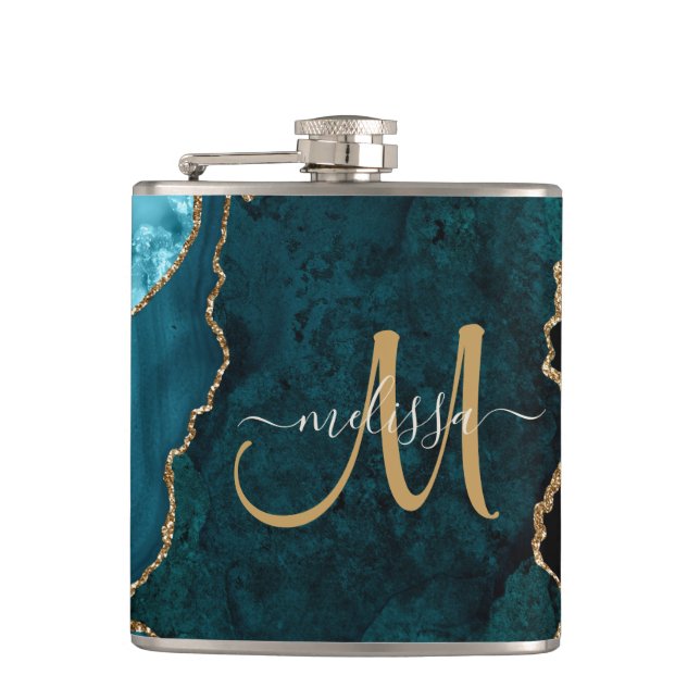 Chic Teal Gold Glitter Agate Monogram Name Hip Flask (Front)