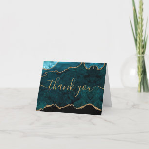 Chic Teal Gold Glitter Agate Monogram Thank You Card