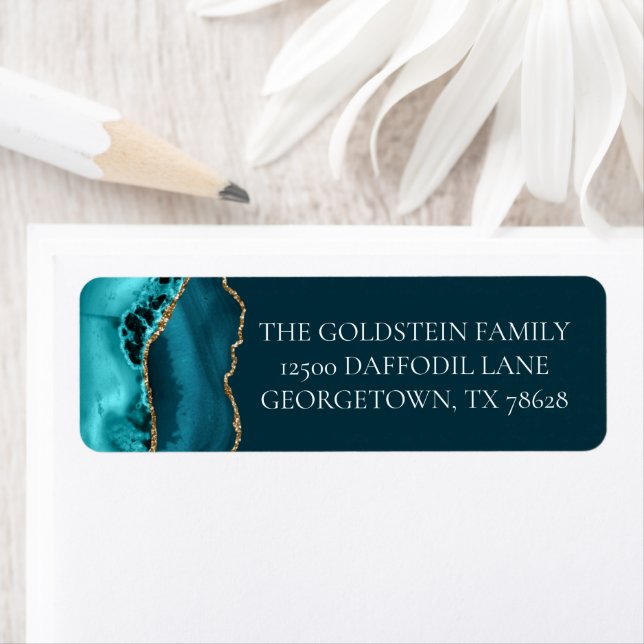 Chic Teal Gold Glitter Agate Return Address (Insitu)