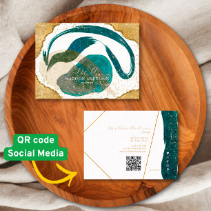 Chic Teal Gold Glitter Website QR Code Business Card