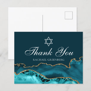 Chic Teal Gold Personalised Bat Mitzvah Thank You Postcard