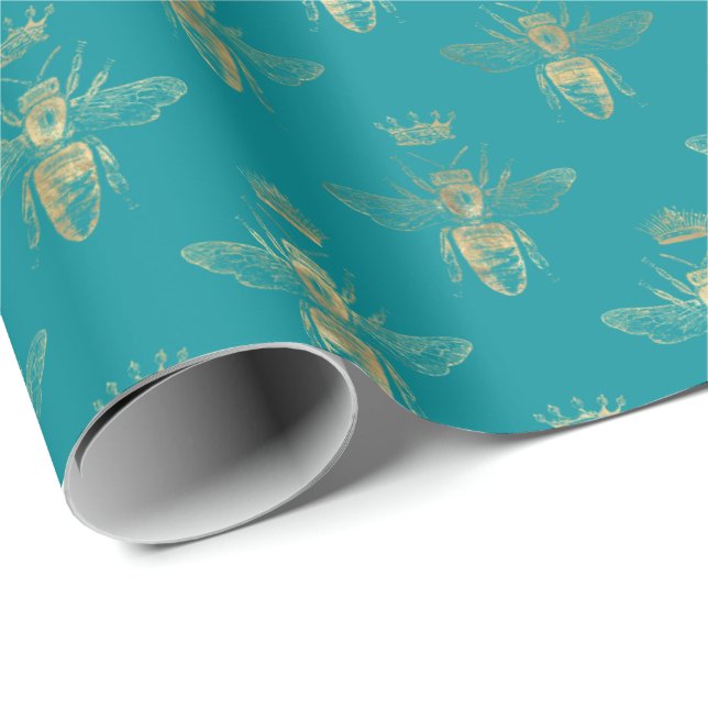 Chic Teal Gold Queen Bee Pattern Wrapping Paper (Roll Corner)
