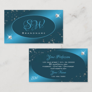 Chic Teal Gradient Glitter Stars Diamonds Initials Business Card