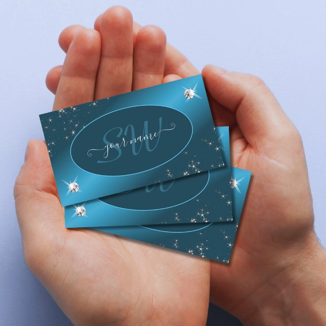 Chic Teal Gradient Glitter Stars Diamonds Monogram Business Card (Creator Uploaded)